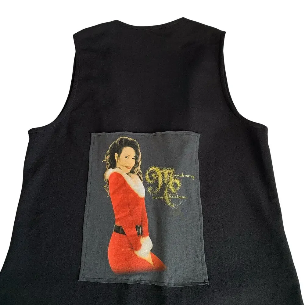 Reworked Apparel Mariah Carey Christmas Graphic Black Custom Upcycled Vest Small